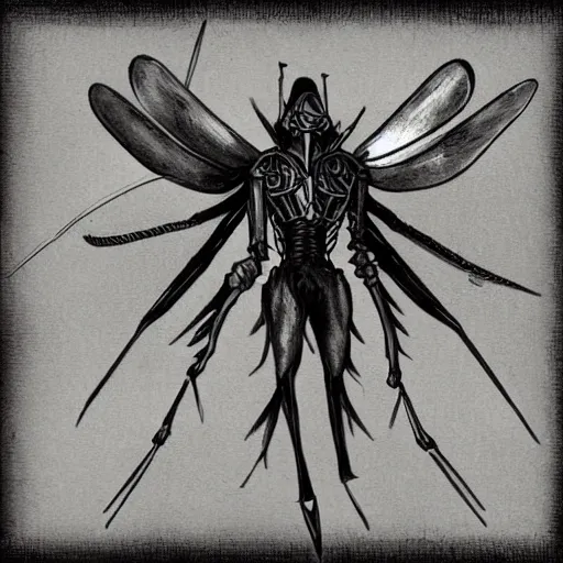 Prompt: A humanoid mosquito, reminiscent of a winged medieval knight. Castlevania style.