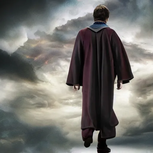 Prompt: Harry potter upright and levitating, back view, thunderclouds, cinematic shot, epic scale, waving robe, wand, photorealistic detail and quality, extremely intricate stone quality, movie still, nighttime, crescent moon, sharp and clear, action shot, intense scene, visually coherent, symmetry, rule of thirds, movement, vivid colors, cool colors transitioning to warm colors, award winning, directed by Steven Spielberg, Christopher Nolan, Tooth Wu, Asher Duran, Greg Rutkowski