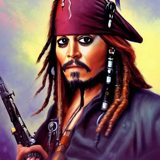 Prompt: a portrait of Captain Jack Sparrow a space bounty hunter by Thomas Kinkade trending on Artstation