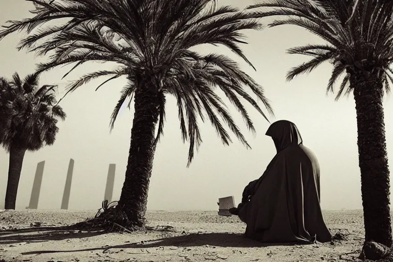 Prompt: a hooded Druid sitting under a tall palm tree in the Egyptian desert reading ancient scrolls in the light from a small fire at night, sitting on the ground, darkness, dim light from fire, desert, starry sky, an ancient city far in the distance, strong dramatic cinematic lighting, lost civilizations, smooth, sharp focus, extremely detailed