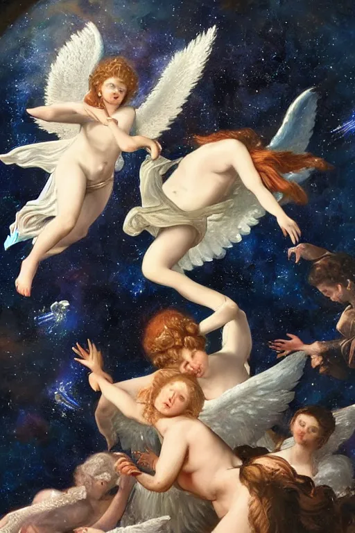 Image similar to angel falling to andromeda, very high resolution images, very fine details, looks very realistic, rennaissance style painting, drawn by yulia iosilzon, and simone graci, plus a touch from raden saleh within the depth of color and emotion