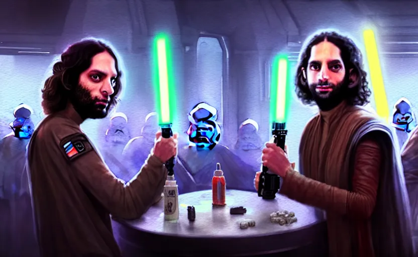 Image similar to a realistic star wars watercolor fantasy concept art of a drug dealer that looks like chris d'elia in a sleazy futuristic bar of coruscant, hq, 4 k