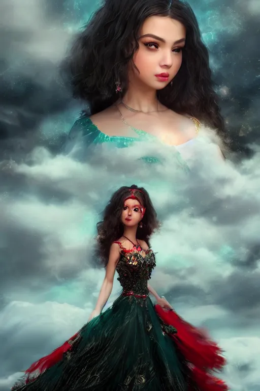 Prompt: dreamy beautiful persian asian princess in clouds, green eyes, red dress, long black curly hair, smiling, wearing a diamond tiara, face, highly detailed, artstation, concept art, sharp focus, hyper realistic, octane render, unreal engine, 8 k