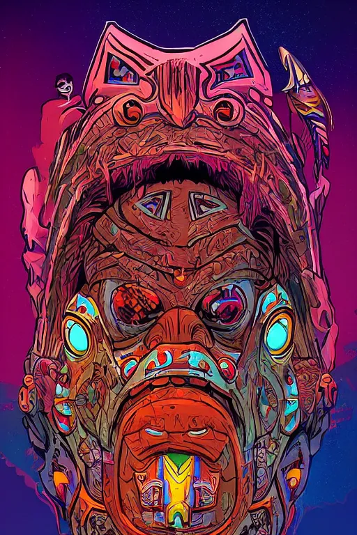 Image similar to totem animal tribal chaman vodoo mask feather gemstone plant wood rock video game illustration vivid color borderlands by josan gonzales and dan mumford radiating a glowing aura