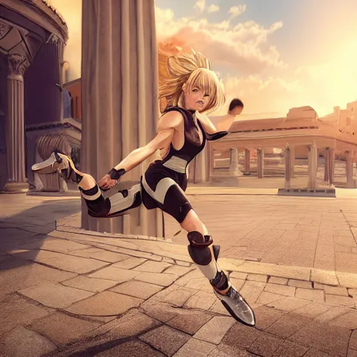 Image similar to blonde - haired princess, anime princess, wearing skinsuit, action pose, parkour, plaza, greco - roman pillars, golden hour, partly cloudy sky, sepia sun, strong lighting, strong shadows, vivid hues, ultra - realistic, sharp details, subsurface scattering, intricate details, hd anime, 2 0 1 9 anime