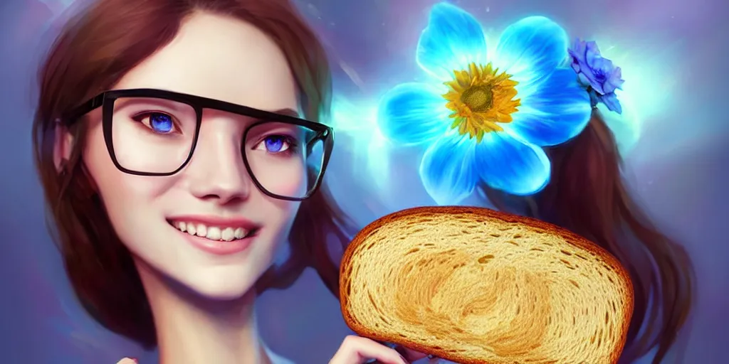 Image similar to epic professional digital art of a smiling bread toast wearing 👓 and a blue flower, best on artstation, cgsociety, wlop, cosmic, epic, stunning, gorgeous, much detail, much wow, masterpiece, backlight