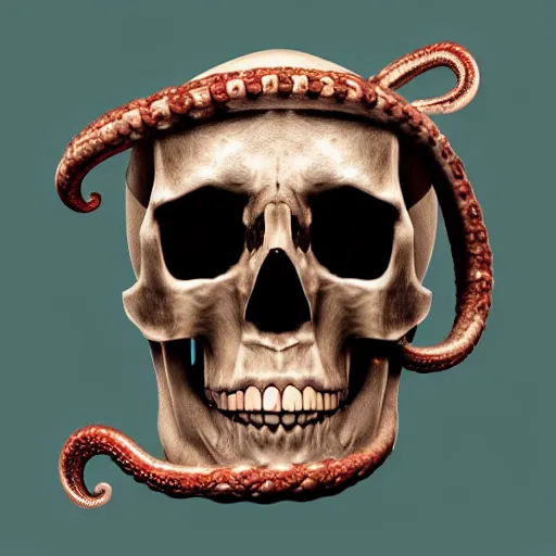 Image similar to skull of a pirate with tentacles protruding out of it's eye socket at the bottom of the ocean photo realistic