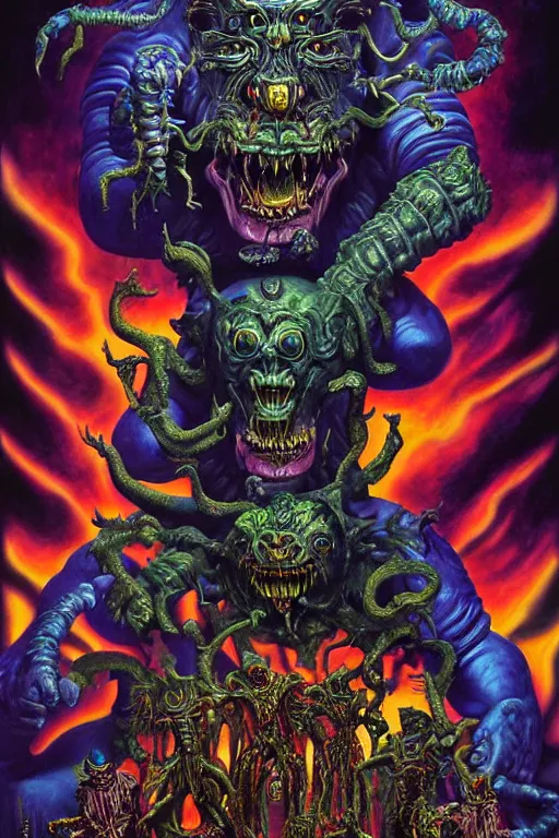 Image similar to a hyperrealistic painting of an epic boss fight against an ornate supreme dark overlord, cinematic horror by chris cunningham, lisa frank, richard corben, highly detailed, vivid color,