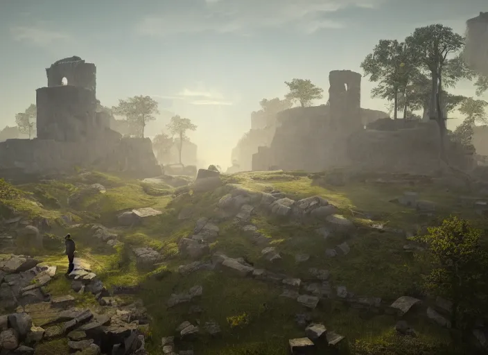 Image similar to a land of ruins of lost civilization with a fort in the middle, golden pillars, water tunnels below and a time gate to another dimension, a wounded man wearing a white robe standing watching over, dramatic lighting, dawn, by caspar david friedrich, unreal engine 5