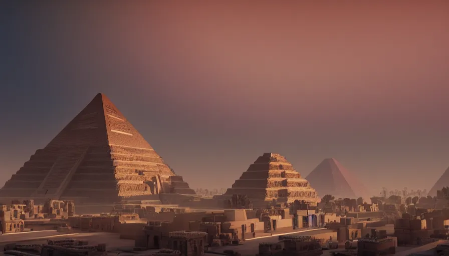 Prompt: a mixture of aztec and egyptian architecture castle, in the style of bladerunner 2 0 4 9, from 8 k matte, cinematic lighting, trending on artstation, unreal engine, highly detailed, 8 k wallpaper, cinematic lighting, octane, matte painting, volumetric lighting, atmosphere, mist, fog, clouds, matte painting