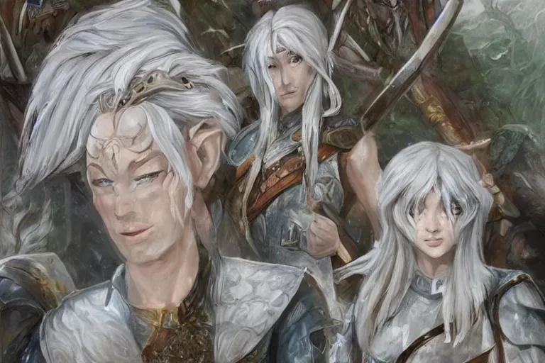 Image similar to dungeons and dragons fantasy painting of elven soldiers, white hair, determined expressions, anime inspired