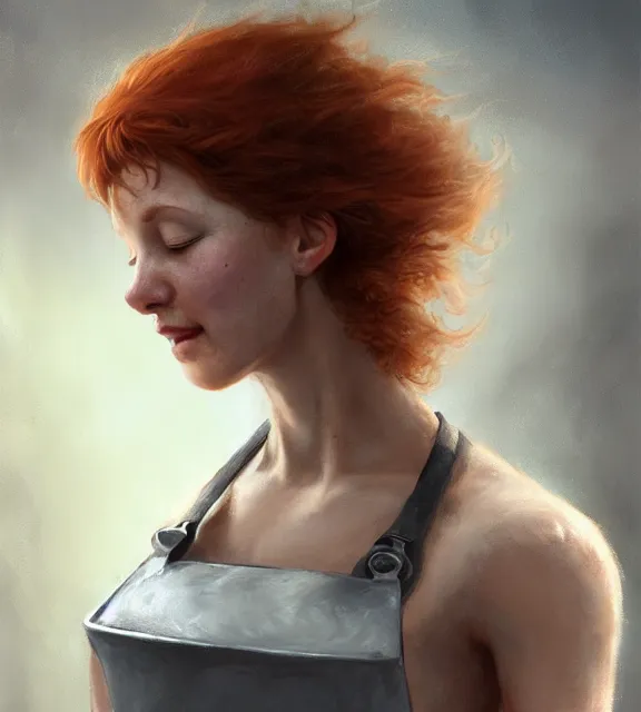 Prompt: cute female blacksmith, perfect face, grey halter top, ginger hair, dirty apron, abs, cinematic, stunning, elegant, highly detailed, psychedelic, digital painting, artstation, smooth, hard focus, illustration, art by jessica rossier and and brian froud