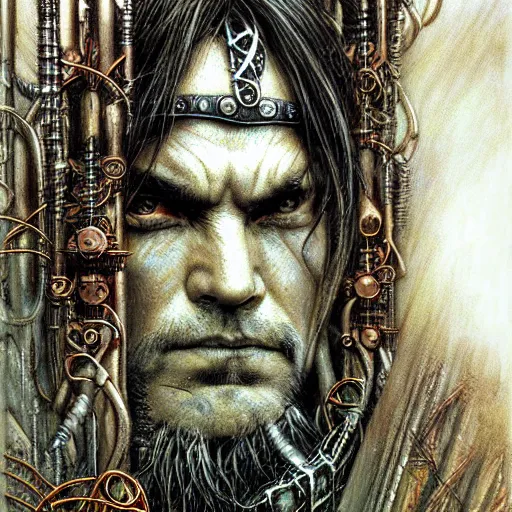 Prompt: a closeup portrait photograph of an art nouveau cyberpunk shaman by ted nasmith, luis royo and brom