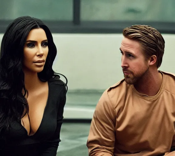 Image similar to a movie still of kim kardashian sitting with ryan gosling in the movie blade runner 2 0 4 9