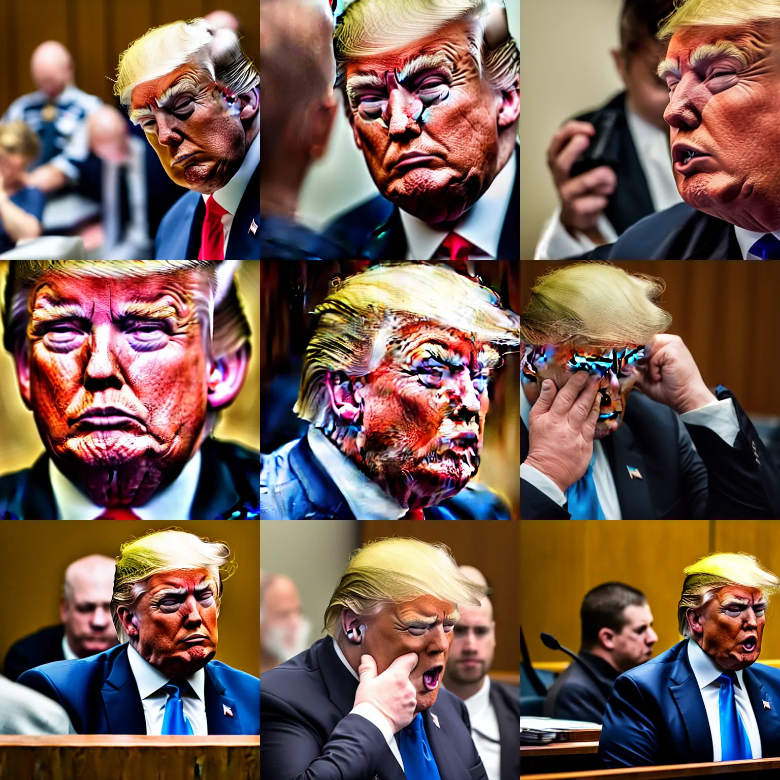 Prompt: Donald Trump crying in a courtroom, EOS-1D, f/1.4, ISO 200, 1/160s, 8K, RAW, unedited, symmetrical balance, in-frame