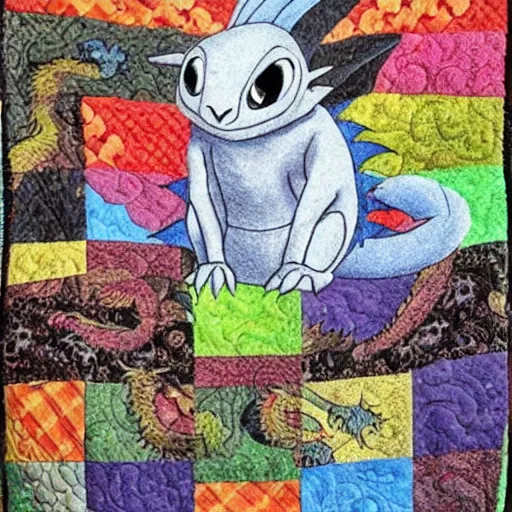 Prompt: adorable dragon in the style of how to train your dragon sitting on a pile of quilts