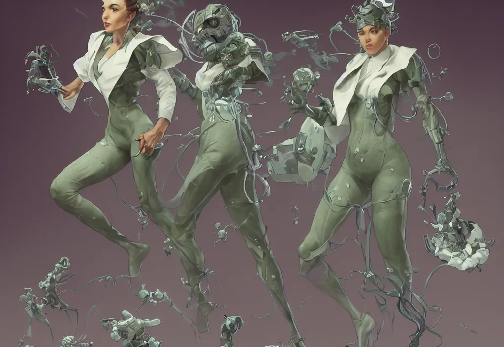 Image similar to a full body character design by artgerm, cushart krenz, greg rutkowski and alphonse mucha. mad scientist woman lab coat!! green plasma laser gun!! cyborg limbs!! sharp edges. ultra clear detailed. 8 k. ultra detailed, elegant, intricate, octane render.