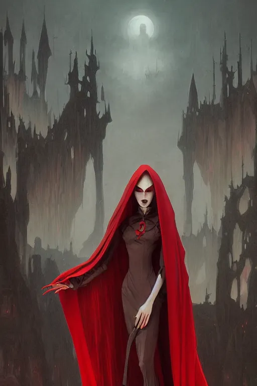 Image similar to nosferatu princess, wearing a red cloak, highly detailed, digital painting, artstation, concept art, smooth, sharp focus, illustration, art by artgerm and greg rutkowski and alphonse mucha and andrei riabovitchev
