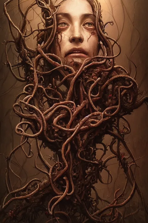 Prompt: realistic portrait beautiful detailed matte painting of cinematic movie scene a rotting zombie, tentacles, thorns, vines, horror, created by gustave dore and greg rutkowski, high detailed, smooth draw, synthwave neon retro, intricate, realistic proportions, dramatic lighting, trending on artstation.