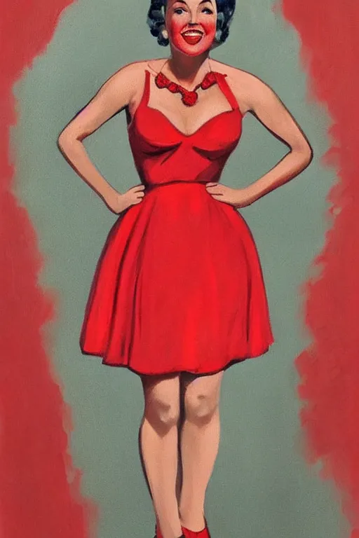 Image similar to a portrait of a beautifull woman, wearing a red dress,with a beautifull smile,in a bloe background. in american style pin up.anatomically correct