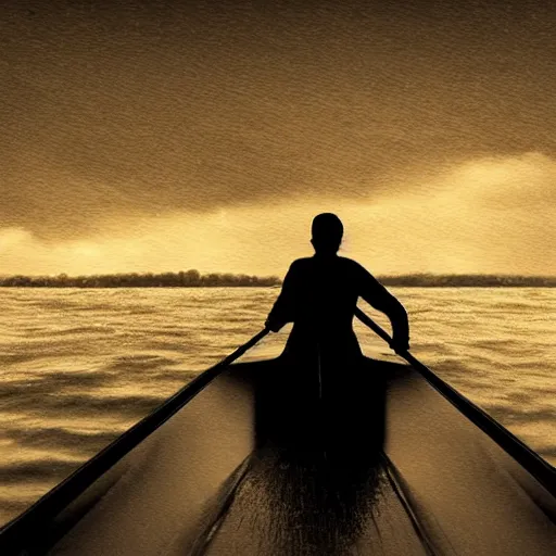 Image similar to wide angle, far view, light coming of a silhouette of a man that is rowing a little boat while its raining, digital art, but as a realistic photo