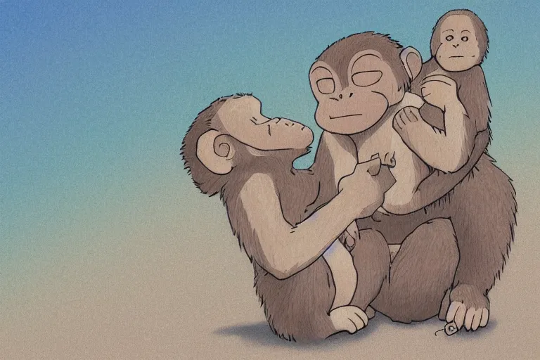 Prompt: high definition illustration of a monkey holding its baby in its lap, while walking along the beach, studio ghibli style, highly detailed, fun,