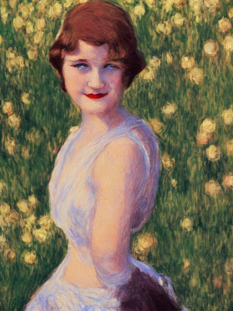 Image similar to zelda fitzgerald as a beautiful young girl, wearing 1 9 2 0 s fashion, brown hair, slim, fair, turning her head and smiling, in the sun, out of focus, backlit, close up, oil on canvas, by monet, in the style of le promenade