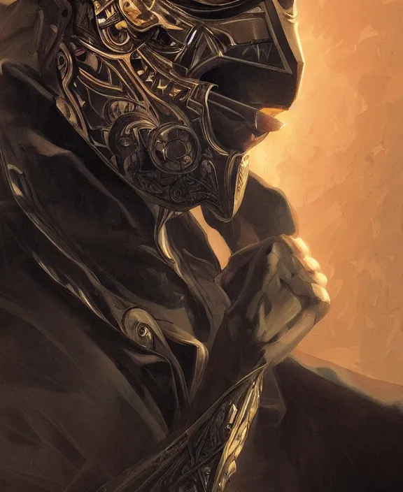 Prompt: portrait close up of man with black mask, concentrated look, symmetry, with an explosion on the back, d & d, fantasy, intricate, elegant, highly detailed, digital painting, artstation, concept art, art by artgerm and greg rutkowski and alphonse mucha, boris vallejo