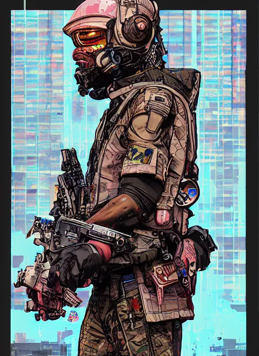 Image similar to chidi igwe. cyberpunk mercenary in military stealth suit. portrait illustration, pop art, splash painting, art by geof darrow, ashley wood, alphonse mucha, makoto shinkai