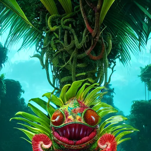 Prompt: tropical fruit creature in a lush trunda vegetation, water reflection, night, backlit, warm tones, bioluminescent : by michal karcz, daniel merriam, victo ngai and guillermo del toro : ornate, dynamic, particulate, intricate, elegant, highly detailed, centered, artstation, smooth, sharp focus, octane render, 3 d