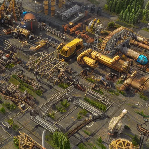 Prompt: realistic factorio, 4K HD city photography, aerial view, steampunk