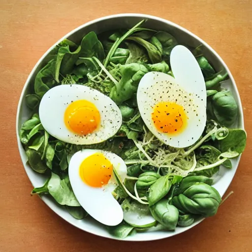 Prompt: egg yolk, basil and cheese salad