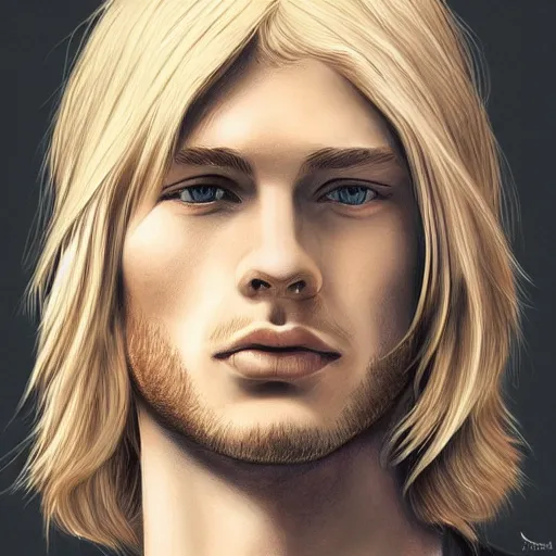 Prompt: a young blond man with long hair wearing a brown shirt, a character portrait by lydia field emmet, trending on cg society, photorealism, wiccan, handsome, ilya kuvshinov