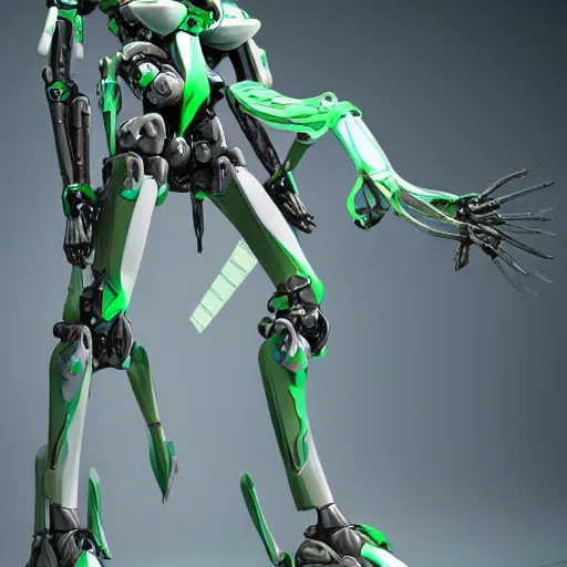 Image similar to futuristic mantis mecha, insectoid gundam, carved jade mechanical exoskeleton wearing hardsurface armour, cricket legs, jade rococo, wings lace wear, sculpted by spider zero, zaha hadid, trending on artstation, beautifully lit, hyper detailed, insane details, intricate # mecha