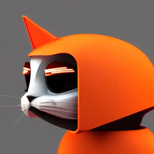 Image similar to 3 d rendered hyper realistic hyper detailed calico cat droid wearing an orange cat - shaped darth vader helmet, octane render, blender, 8 k