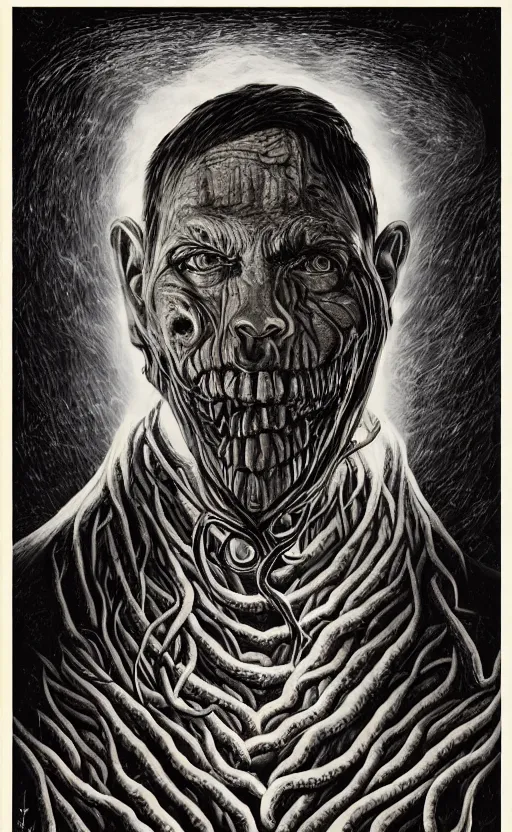 Image similar to lovecraftian portrait of jerma, surrounded by beams of light dark background by wayne barlow, stanley donwood, anton semenov, zdzislaw bekinski, hr giger, 8 k, fantasy, dark, highly detailed