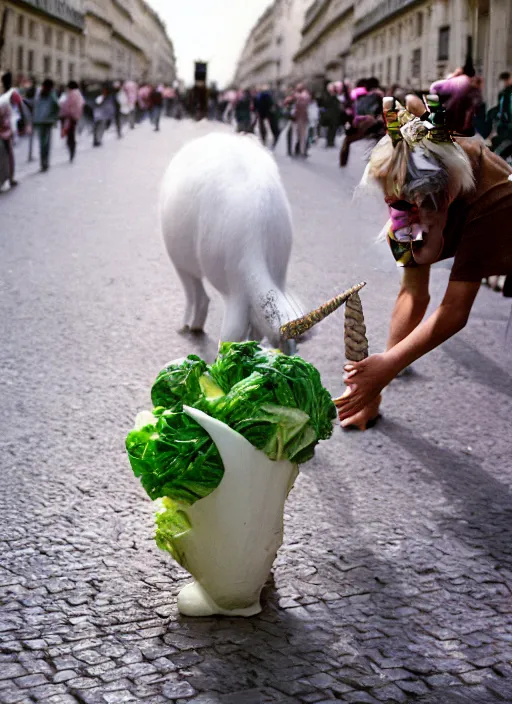 Image similar to a unicorn in paris, a cat and a piece of cabbage are bursting out of its horn, lsd, canon 5 d 5 0 mm lens kodachrome