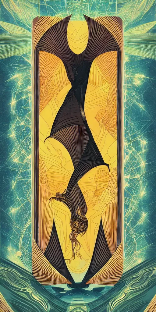 Image similar to a minimalist tarot card with an art deco boarder, by android jones