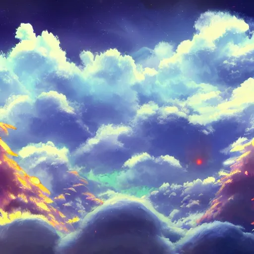 Image similar to studio ghibli still, view of alien gas clouds, extreme fluffy clouds, colors, painting, digital art, panorama, wide - angle view, skyscape, highly detailed, artstation award, anime, cinematic