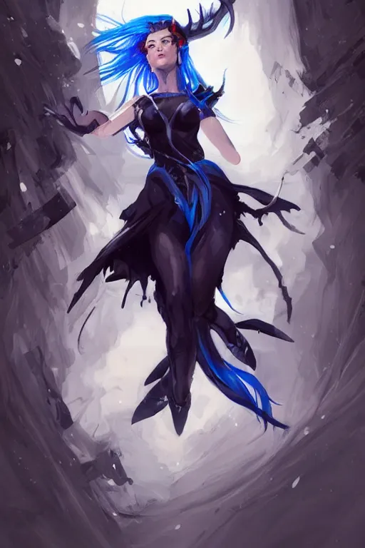 Image similar to fullbody!! dynamic action pose illustration, art by artgerm and greg rutkowski, beautiful woman with blue hair, antlers on her head, long flowing intricate black dress, dnd, face, fantasy, intricate, elegant, highly detailed, digital painting, artstation, concept art, smooth, sharp focus,