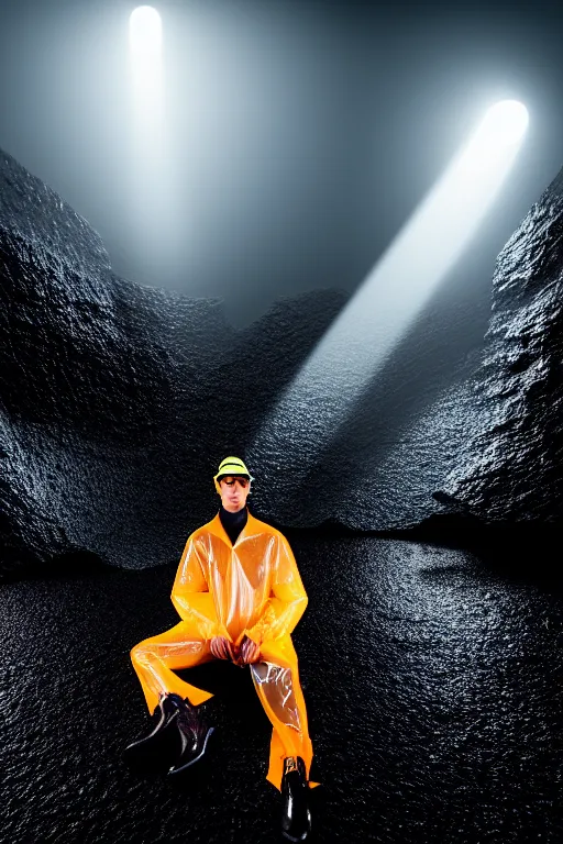 Prompt: an ultra high definition professional high fashion portrait studio full length photograph of a male model wearing a transparent pearlescent raincoat and neon visor laying down on the floor of an icelandic black rock environment at dawn. no artefacts. extremely detailed. stark. refraction. shallow depth of field. volumetric light and shadow. ray tracing. light rays.