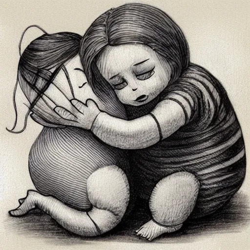 Prompt: a worm and a doll hugging each other