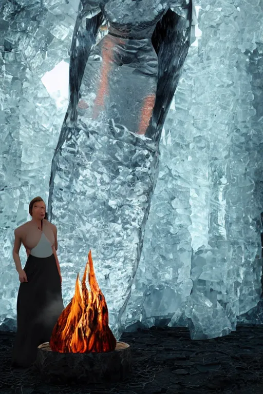 Image similar to a beautiful woman made out of crystal ice sitting by a campfire and slowly melting, by iris van herpen, unreal engine 5, volumetric lighting, path tracing, outdoor campfire pit