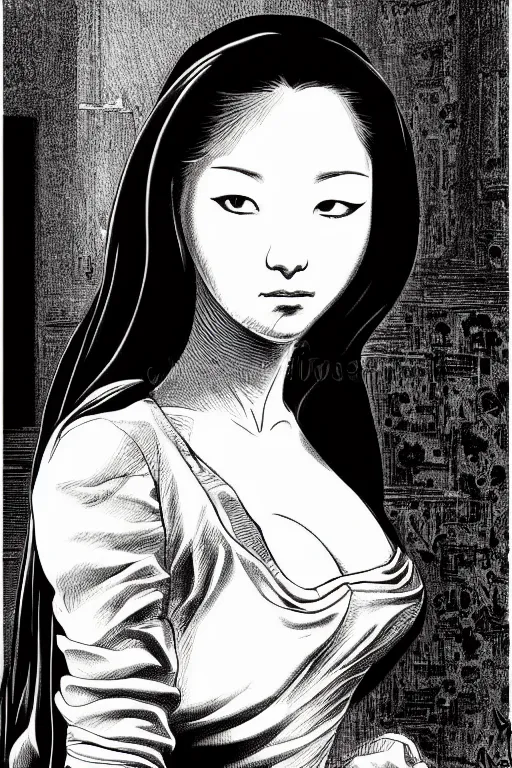 Image similar to beautiful portrait of a woman, negative no not mona lisa pose, highly detailed ink illustration of a dark alley of taipei, b & w clean shaped illustration by kim jung gi, ric estrada, ron english and eiichiro oda