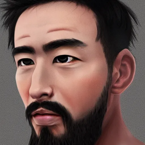 Image similar to of male portrait. creative. asian, inquisitive, beard, sarcastic. contrary. big. high details, photorealistic. artstation trending.