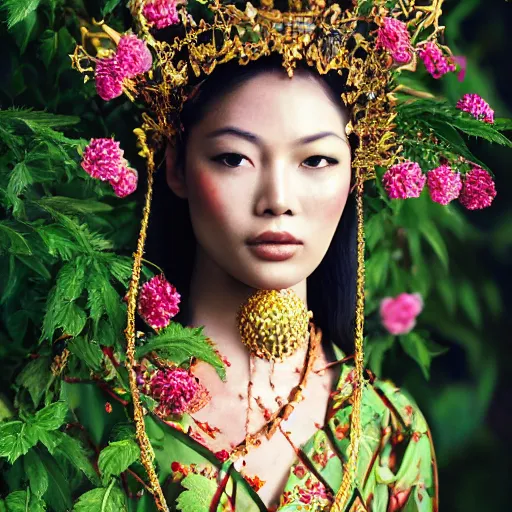 Prompt: photography of the asian queen sitting in the flower thorn, beautiful face, masterpiece costume, jewellery, high quality, elegant, emotionally touching, cool, deep gaze, mystery, tenderness, david lachapelle style
