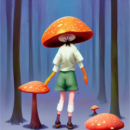 Prompt: goro fujita ilustration a cheerful girl collecting mushrooms in the forest, characterized by masamune shirow and greg rutkowski, character art, focus, highly detailed, artstation