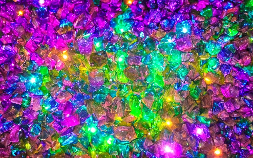 Prompt: iridescent crystals glowing in the dark, providing light in a mysterious cave by lisa frank and walter percy day