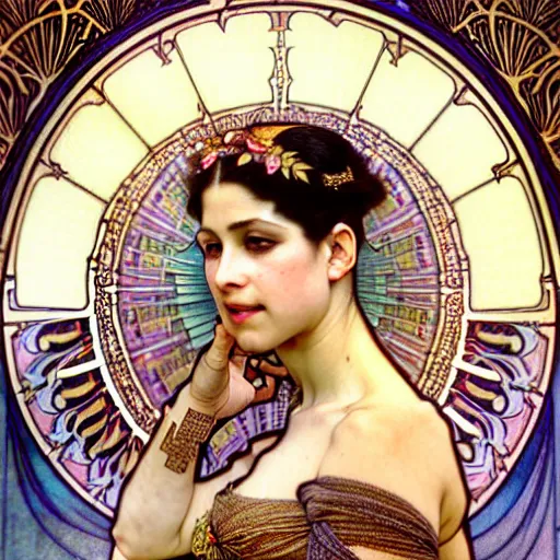 Prompt: realistic detailed face portrait of Mata Hari among sacred nile lotus flowers by Alphonse Mucha, Ayami Kojima, Yoshitaka Amano, Charlie Bowater, Karol Bak, Greg Hildebrandt, Jean Delville, and Mark Brooks, Art Nouveau, Pre-Raphaelite, Neo-Gothic, gothic, Art Nouveau, intricate fine details, exquisite, rich deep moody colors, beautiful detailed background