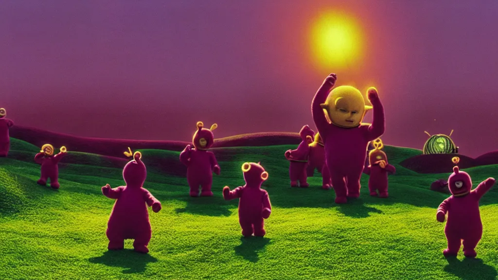 Image similar to Teletubbies performing cult sacrifice on sunny green hills, film still from the movie directed by Denis Villeneuve with art direction by Zdzisław Beksiński, wide lens